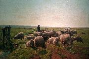 Cornelis Van Leemputten Landschap met herder en kudde schapen oil